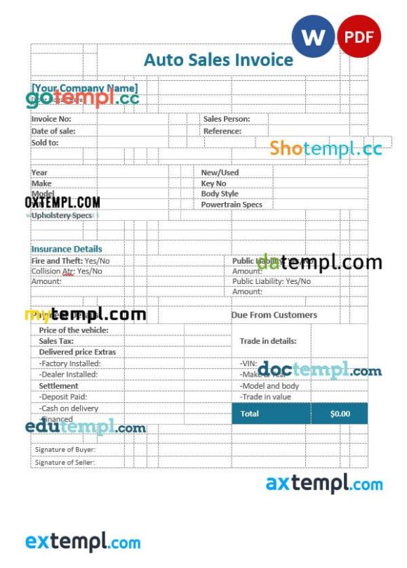 Auto sales invoice example in word and pdf format