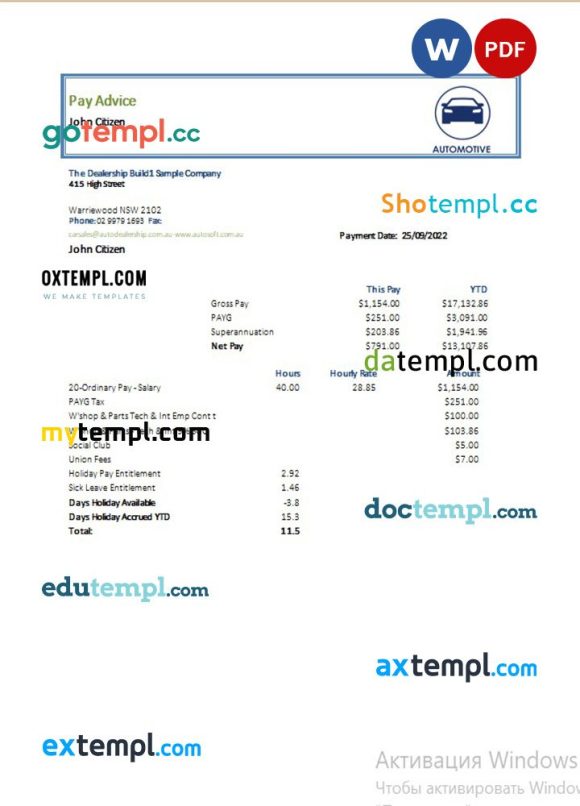 Automotive company pay advise example in Word and PDF formats