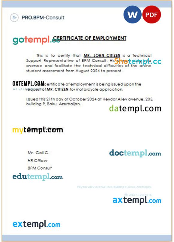 Azerbaijan BPM Consult certificate of employment Word and PDF download template