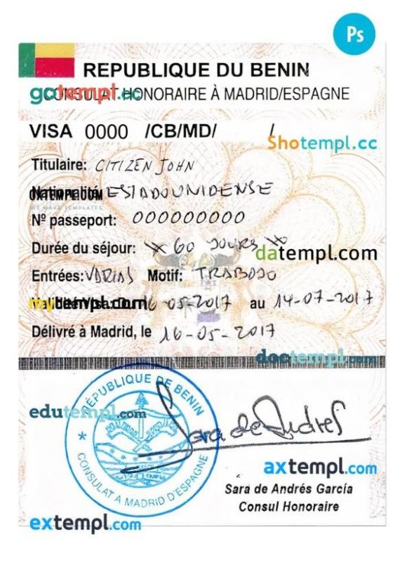 Cote d'Ivoire, Togo, Beninois, Burkinabé tourist visa PSD example, with fonts - Image 3