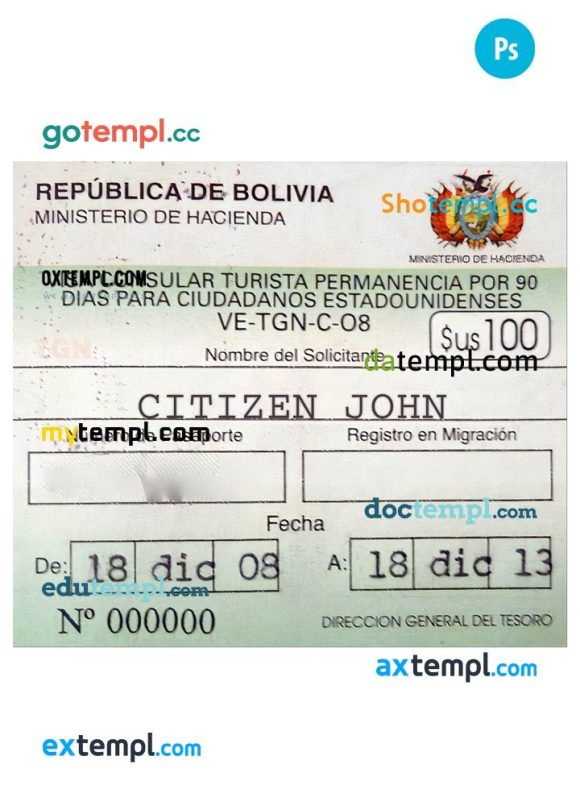 Bolivian travel visa PSD example, with fonts