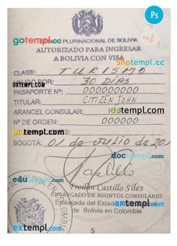 Bolivian visa stamp PSD example, stamp version
