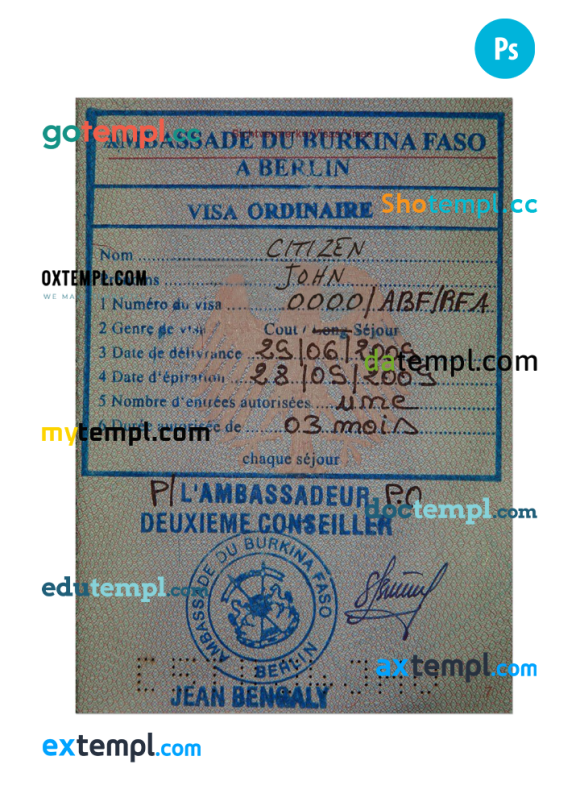 Burkinabé stamp tourist visa PSD example