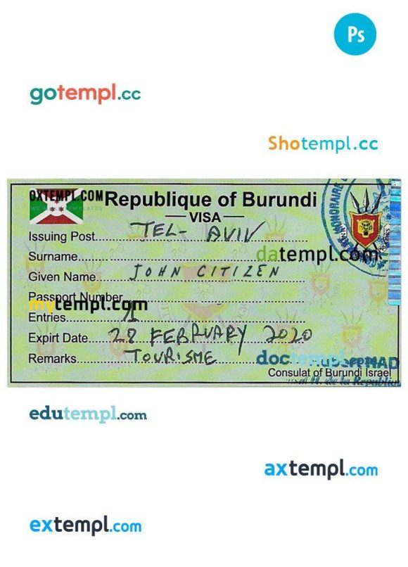 Burundian entry visa PSD example, with fonts