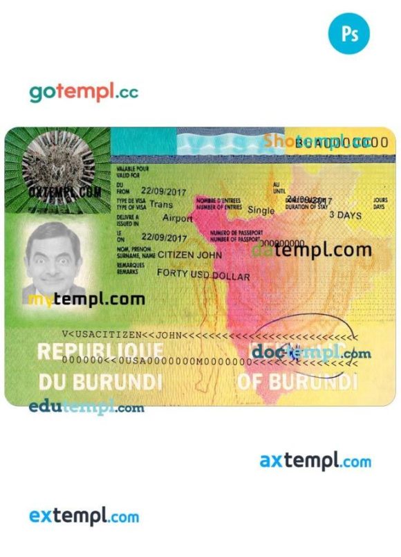 Burundian travel visa PSD example, with fonts