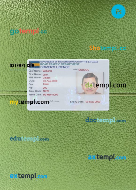 Bahamas driving license editable PSD files, scan look and photo-realistic look, 2 in 1
