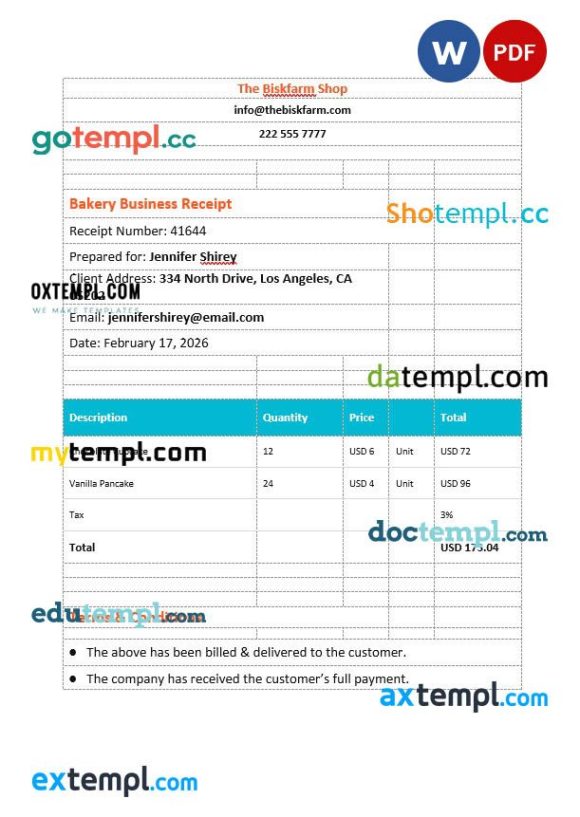 Bakery Business Invoice example in word and pdf format
