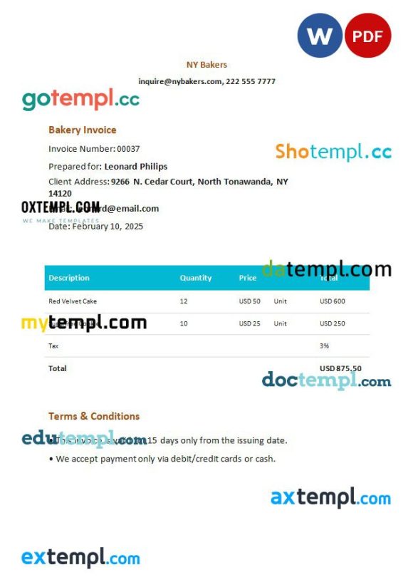 Bakery Invoice example in word and pdf format