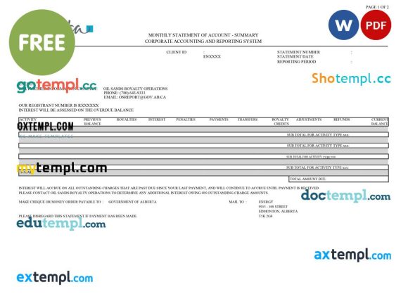 bank monthly statement of account template, .doc and .pdf format, 2 pages