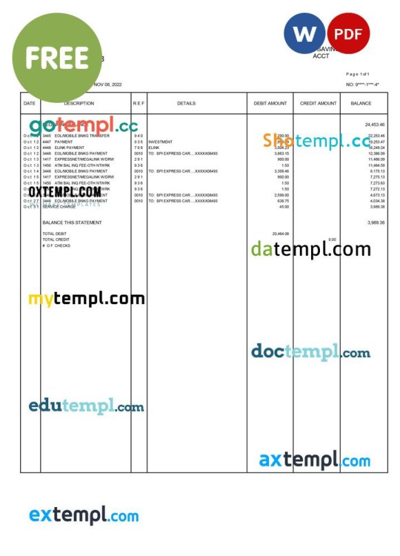 bank savings account statement sample, Word and PDF format, completely editable