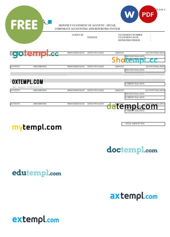 bank monthly statement of account template, .doc and .pdf format, 2 pages - Image 2