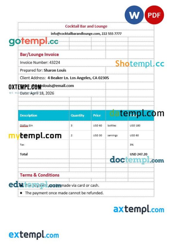 BarLounge Invoice example in word and pdf format