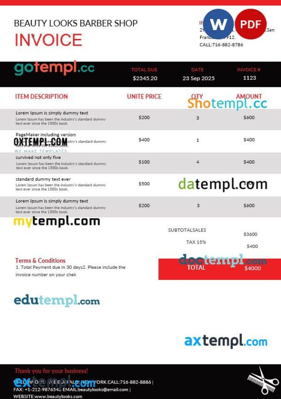 Barbershop Invoice example in word and pdf format
