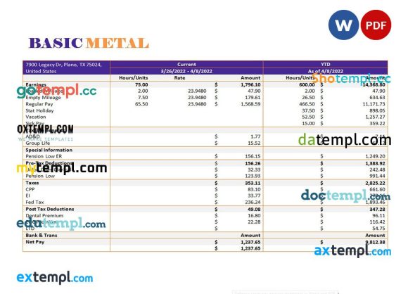 Basic Metal Corporation payslip example in Word and PDF formats