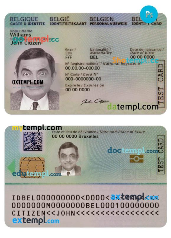 Belgian ID card PSD example, completely editable (2020 - present)