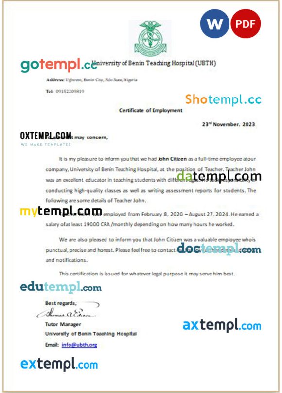 Benin UBTH certificate of employment Word and PDF download template