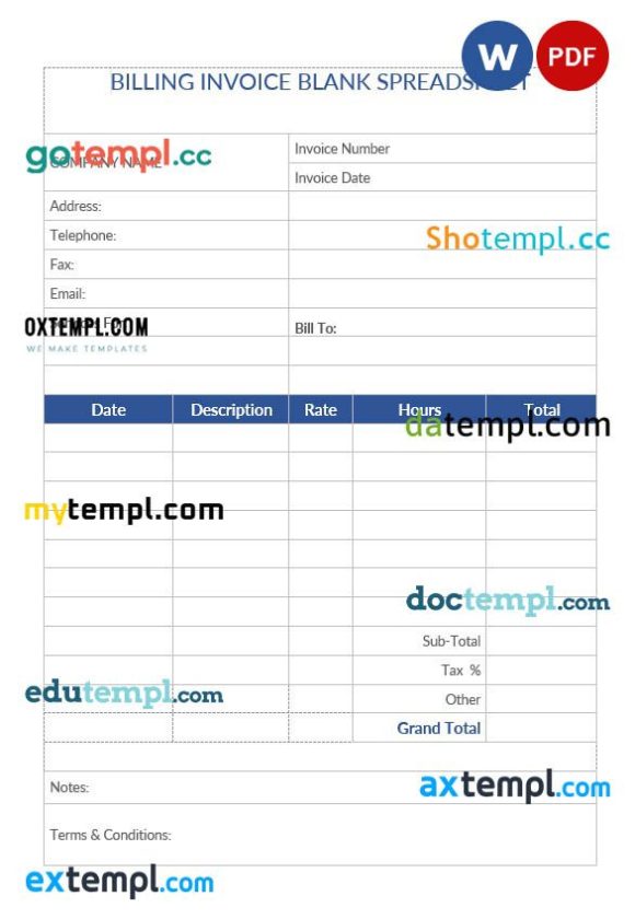 Billing Invoice Blank Spreadsheet example in word and pdf format
