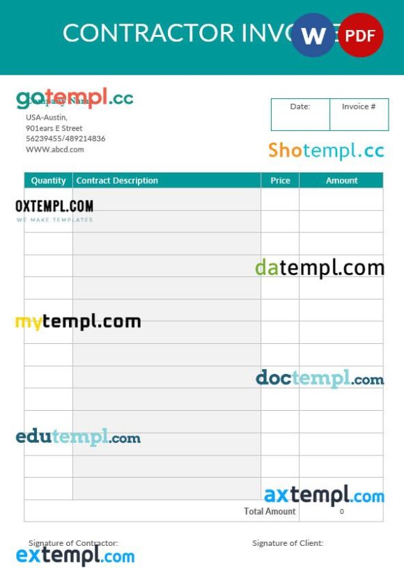 Blank Contractor Invoice example in word and pdf format