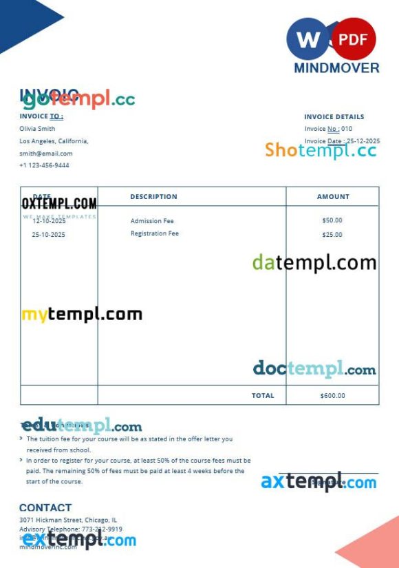 Blank Education Invoice example in word and pdf format