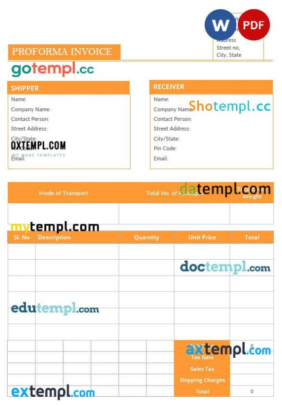 Blank Proforma Invoice example in word and pdf format