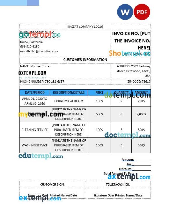Blank Real Estate Invoice Template word and pdf format