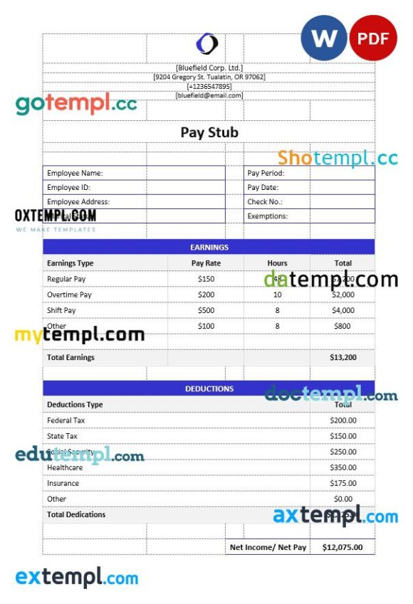 Bluefield Corp. Ltd pay stub Word and PDF example