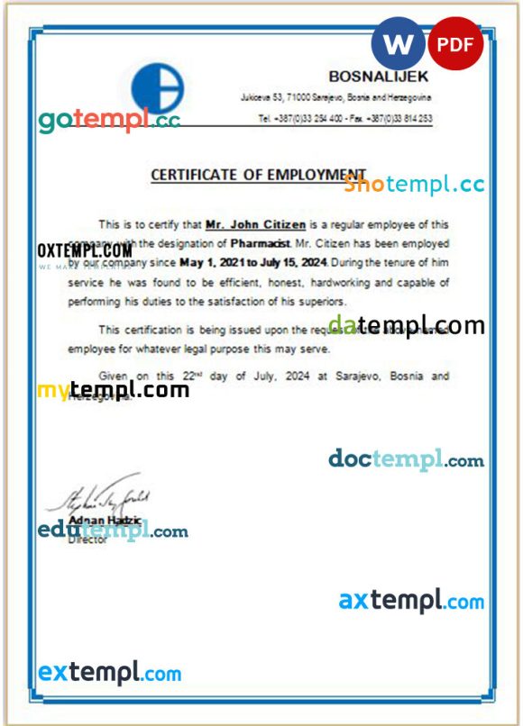 Bosnia Bosnalijek certificate of employment Word and PDF download template
