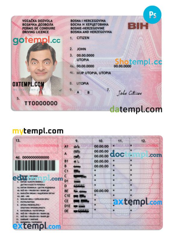 Bosnia and Herzegovina driver license PSD template, version 2