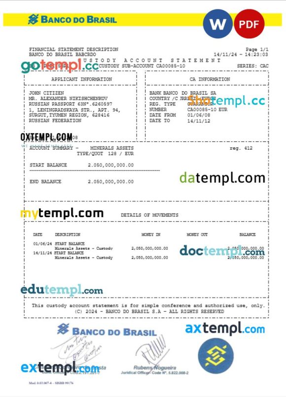 Brasil Banco do Brasil utility bill download Word and PDF example