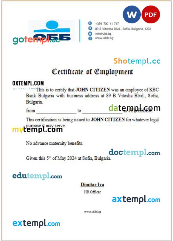 Bulgaria KBC Bank certificate of employment Word and PDF download template