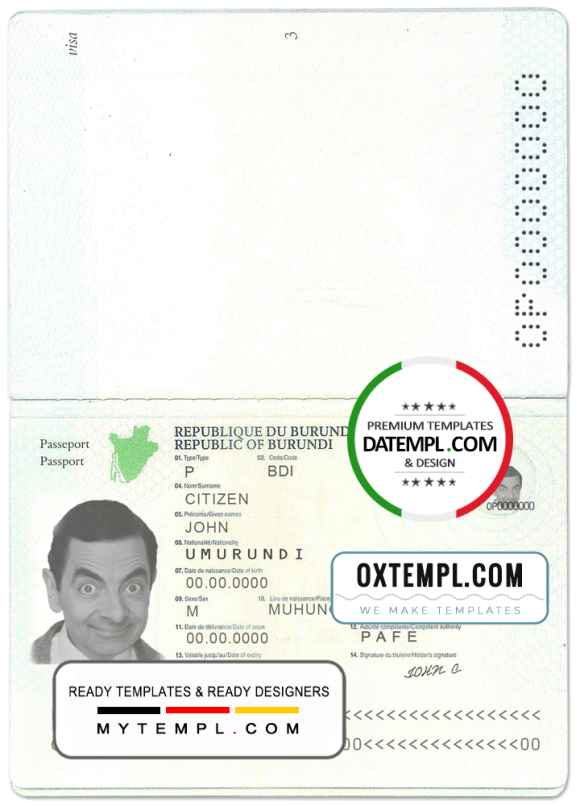 Burundian passport example in PSD format, 2011-2019