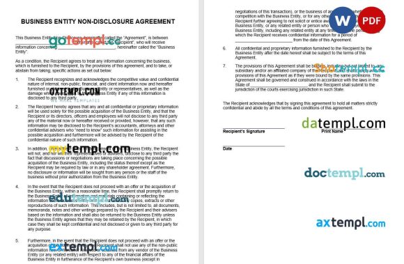 Business Sale Non-Disclosure Agreement Word example, fully editable
