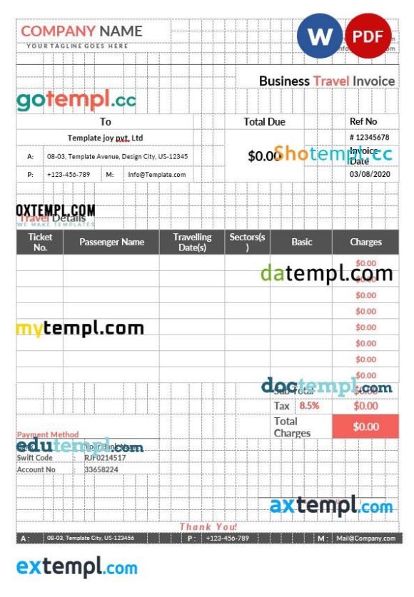 Business travel invoice example in word and pdf format