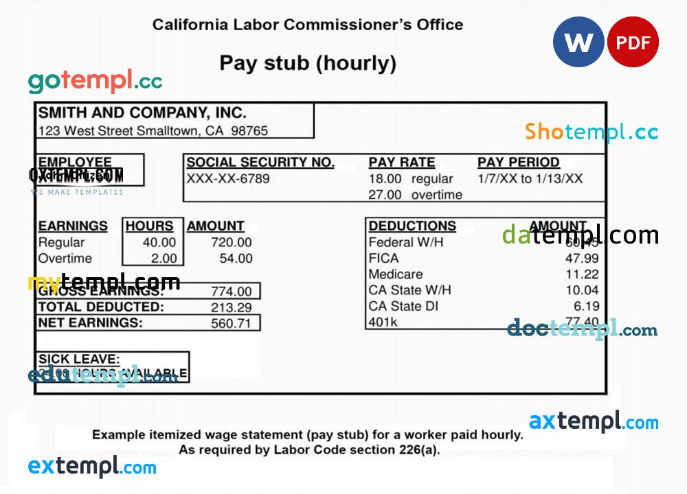 CALIFORNIA Labor Commissioner's office pay stub example in PDF and Word format