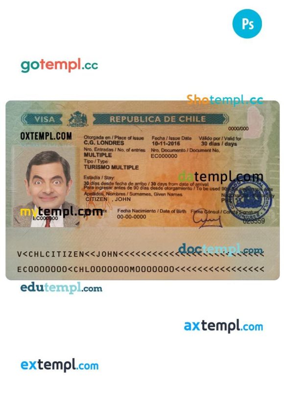 Chilean tourism visa PSD example, with fonts