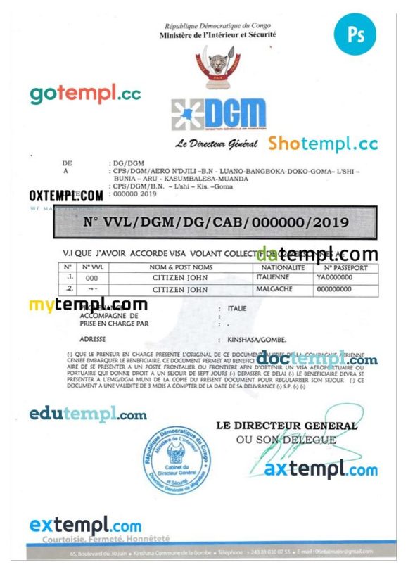 Congo electronic travel visa PSD example, with fonts