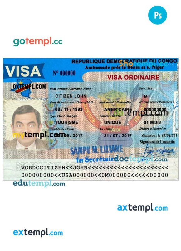 Congo tourist visa PSD example, with fonts