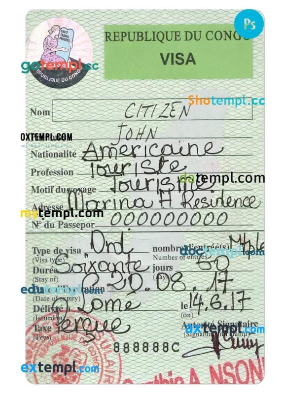 Congo travel visa PSD example, with fonts