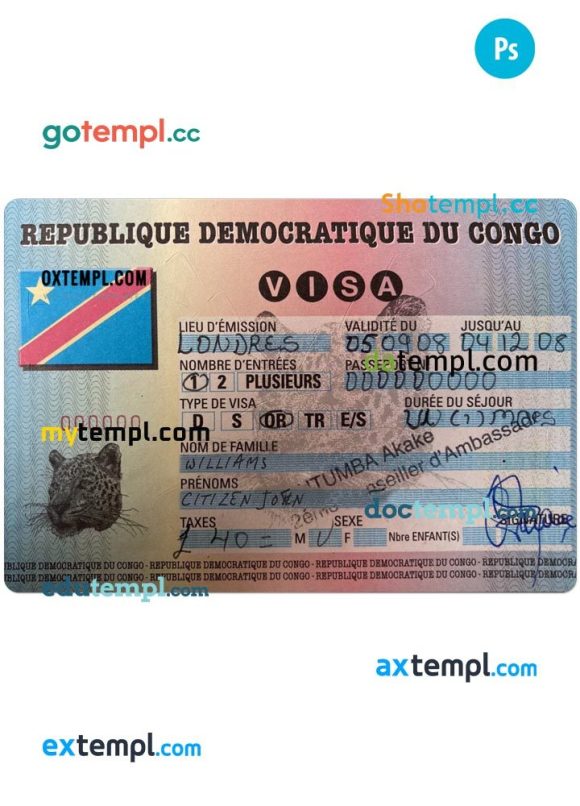 Congo entry visa PSD example, completely editable, with fonts