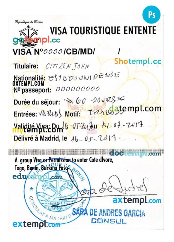 Cote d'Ivoire, Togo, Beninois, Burkinabé tourist visa PSD example, with fonts