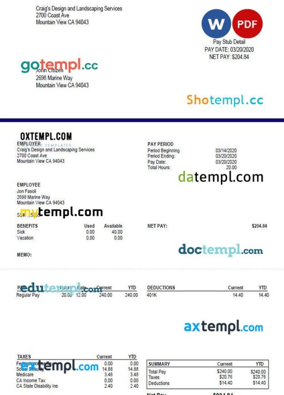 CRAIG'S Design and Landscapin Services pay stub example in Word and PDF formats