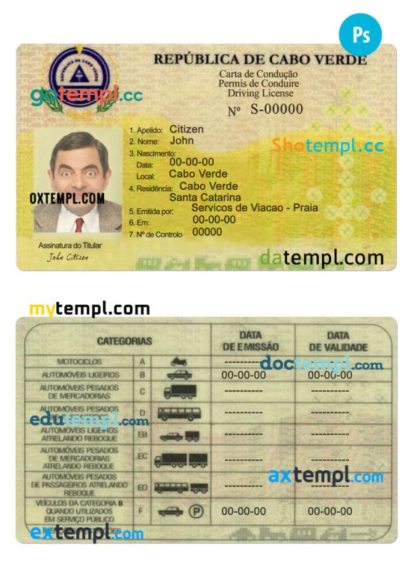Cabo Verde driver license PSD template