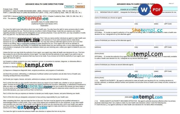 California Advance Health Care Directive Form example, fully editable