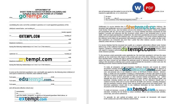 California Parental Minor Children Power of Attorney example, fully editable
