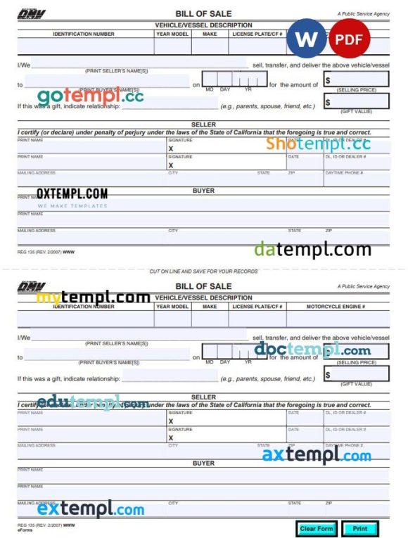 California Vehicle Vessel Bill of Sale example, fully editable