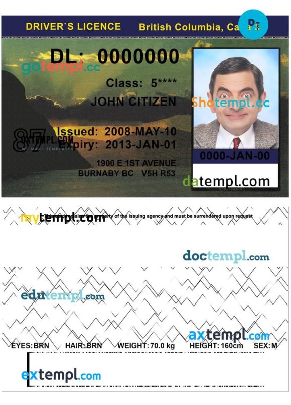 Canada British Columbia driver license PSD template version 2