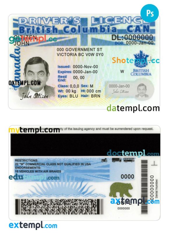 Canada British Columbia driver license PSD template, 2022-present