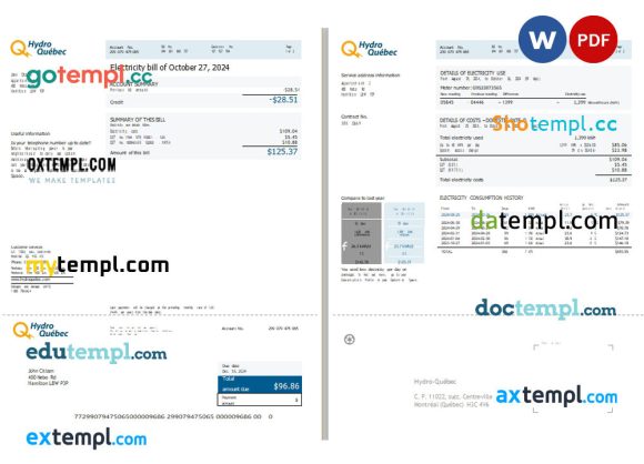 Canadian Hydro-Québec utility bill download example in .doc and .pdf format, 2 pages