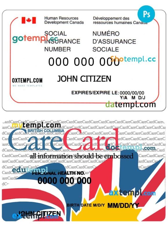 Canadian social insurance number (SIN) card example in PSD format
