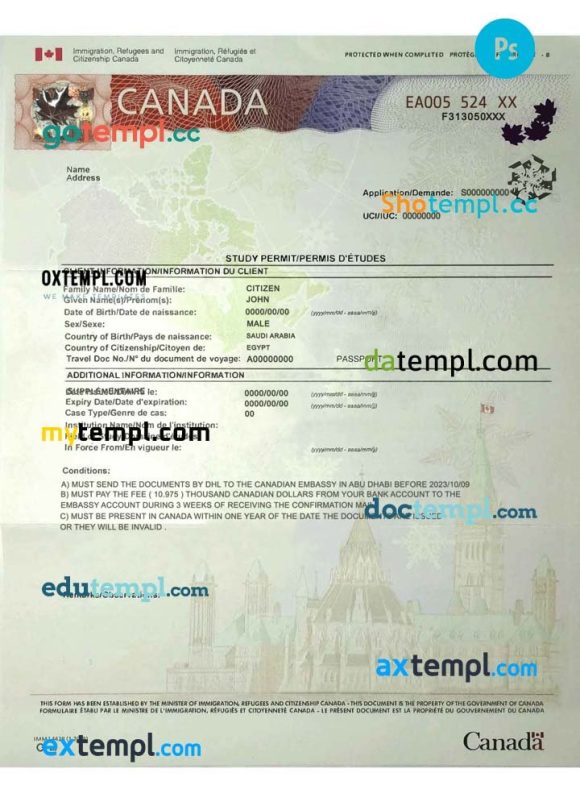 Canada study permit PSD template, with fonts